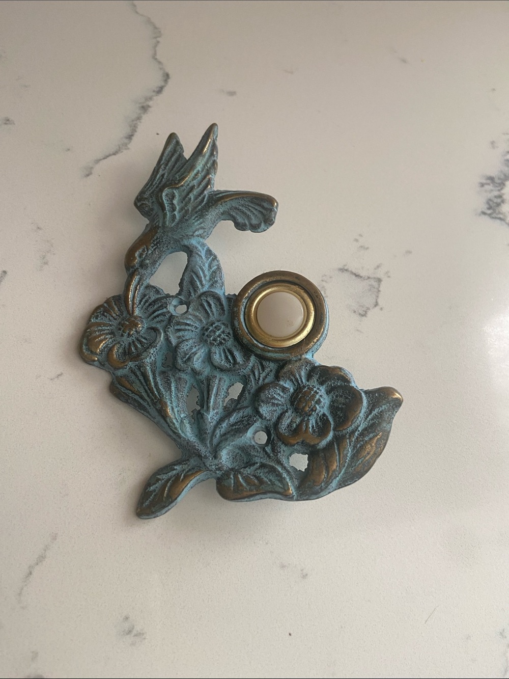 Vintage Hummingbird Floral Doorbell Button Taiwan Brass Tone